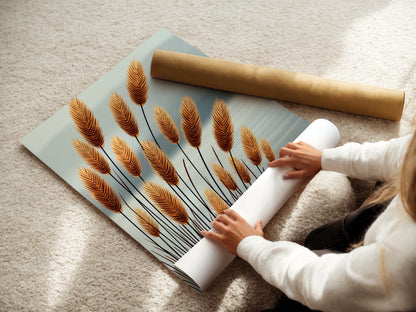 A woman is carefully rolling a fine art poster paper. The scene emphasizes the care in handling botanical prints. The neutral beige wall art is perfect for scandi and minimalist artwork enthusiasts. The poster is ready for framing.