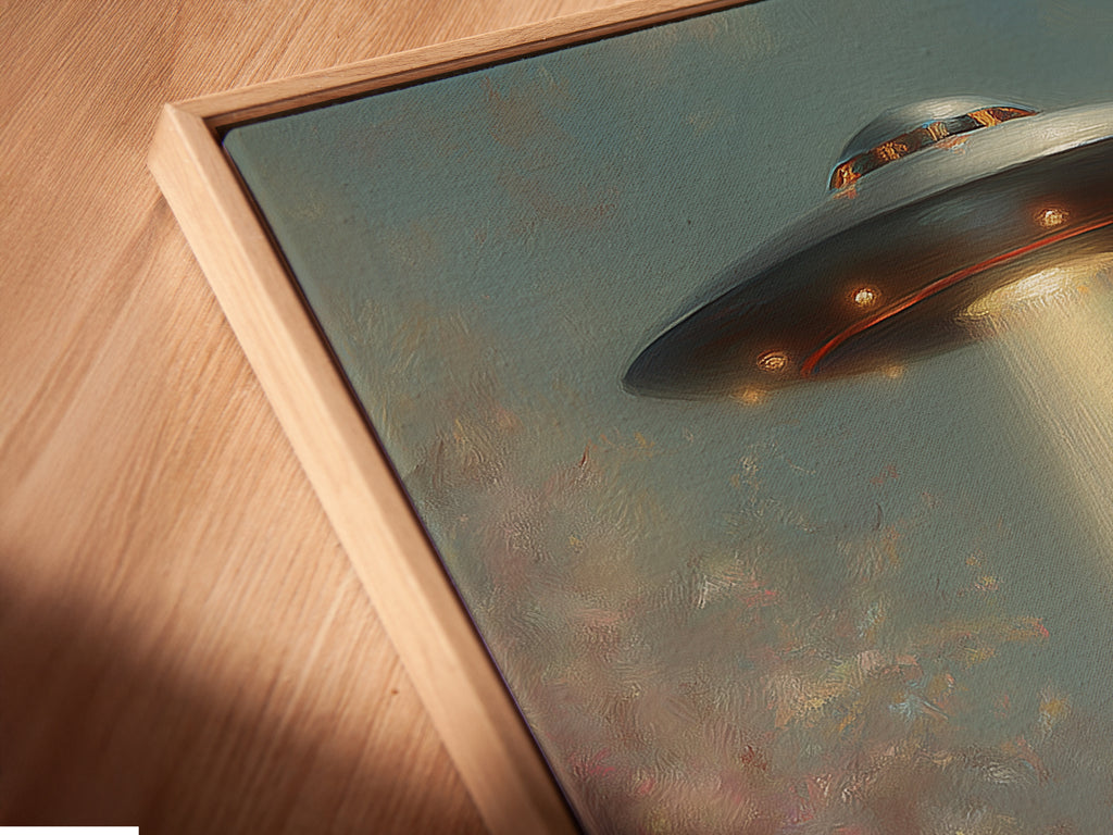 A close-up of a canvas print in a floating frame. This unique framing style highlights the artwork. The floating frame adds depth to the alien abduction art print.