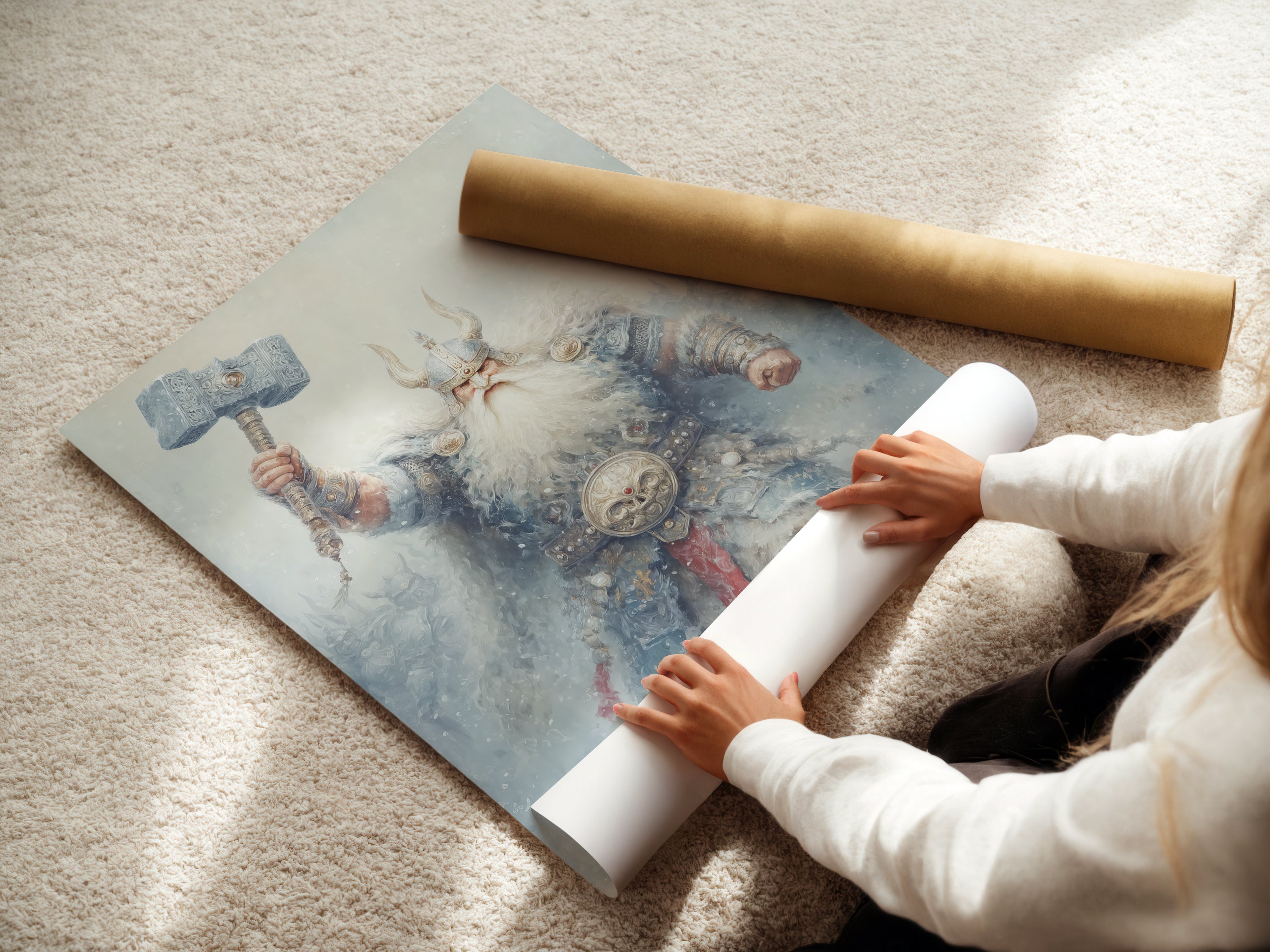 A woman rolls a fine art poster paper. This displays the quality of our Viking Warrior artwork. Perfect for Norse Mythology fans. This fantasy artwork is ideal for various decor styles. The poster paper ensures a high quality print. The print will look great in your game room.