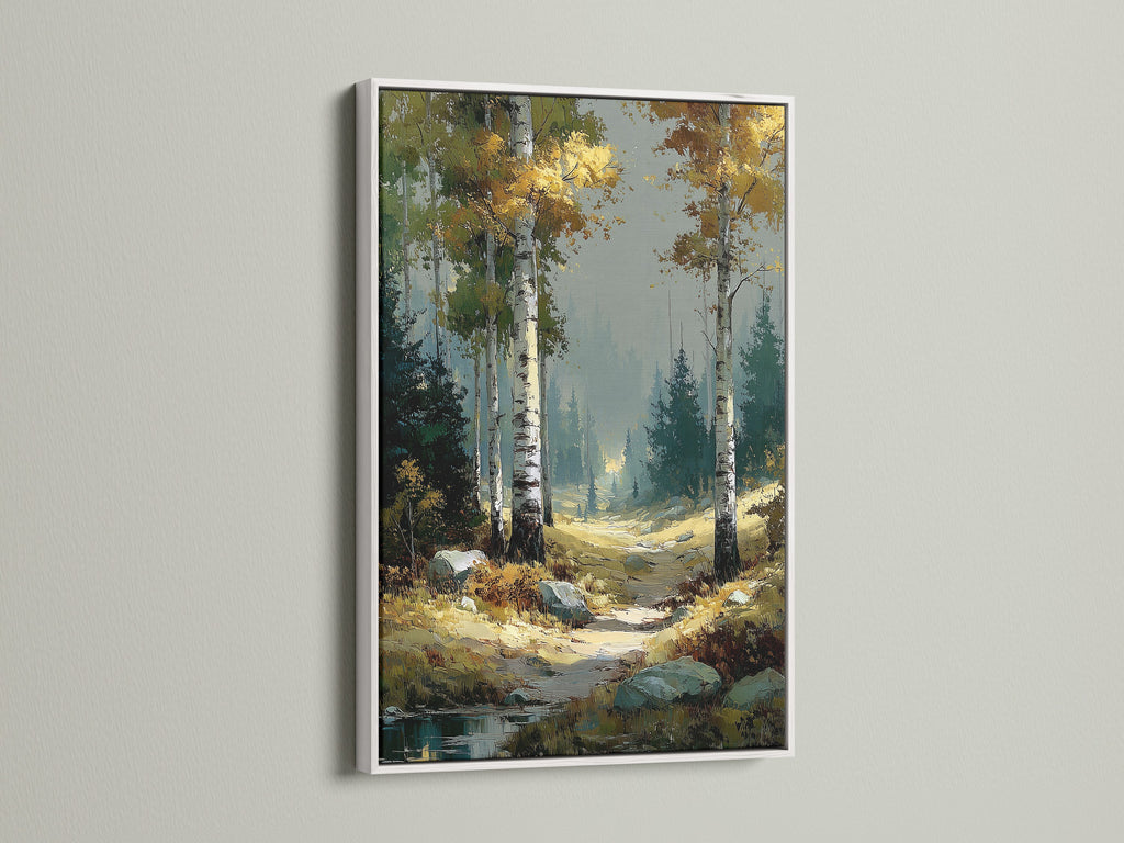 Birch Forest nature artwork with a white frame. The autumn landscape enhances any room's decor. This forest wall art brings a serene touch to your space. It complements both rustic and modern interiors. Imagine this beautiful nature trail print in your home. It's ideal for bedroom wall decor.