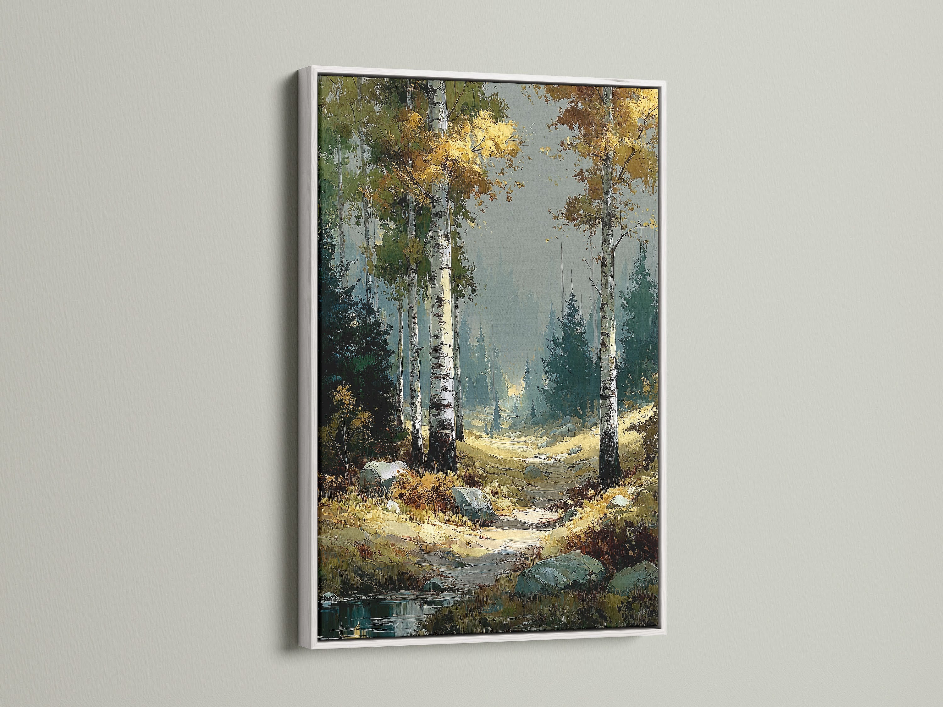 Birch Forest nature artwork with a white frame. The autumn landscape enhances any room's decor. This forest wall art brings a serene touch to your space. It complements both rustic and modern interiors. Imagine this beautiful nature trail print in your home. It's ideal for bedroom wall decor.
