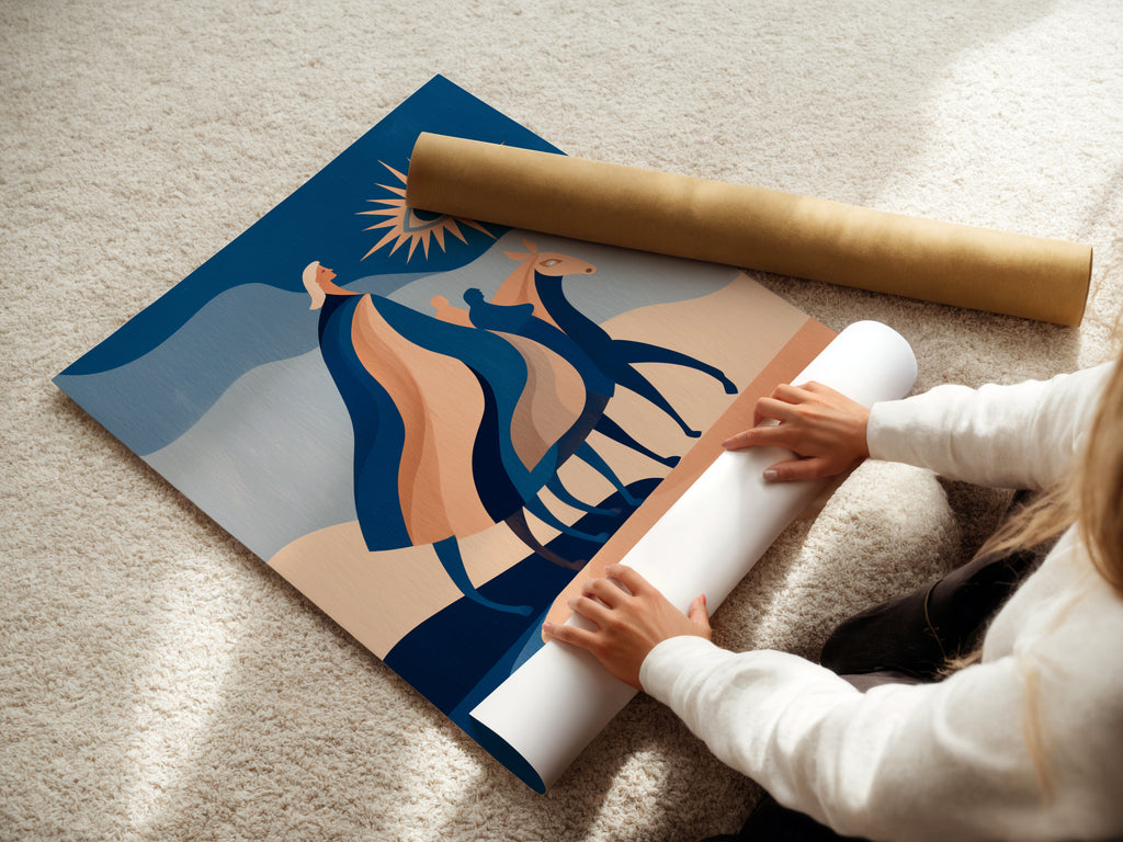 A woman is carefully rolling a fine art poster paper. The paper features modern abstract horse art. The blue terracotta colors create a beautiful boho aesthetic. This fine art poster is perfect for adding a touch of contemporary style to your space. It is suitable for various interior styles