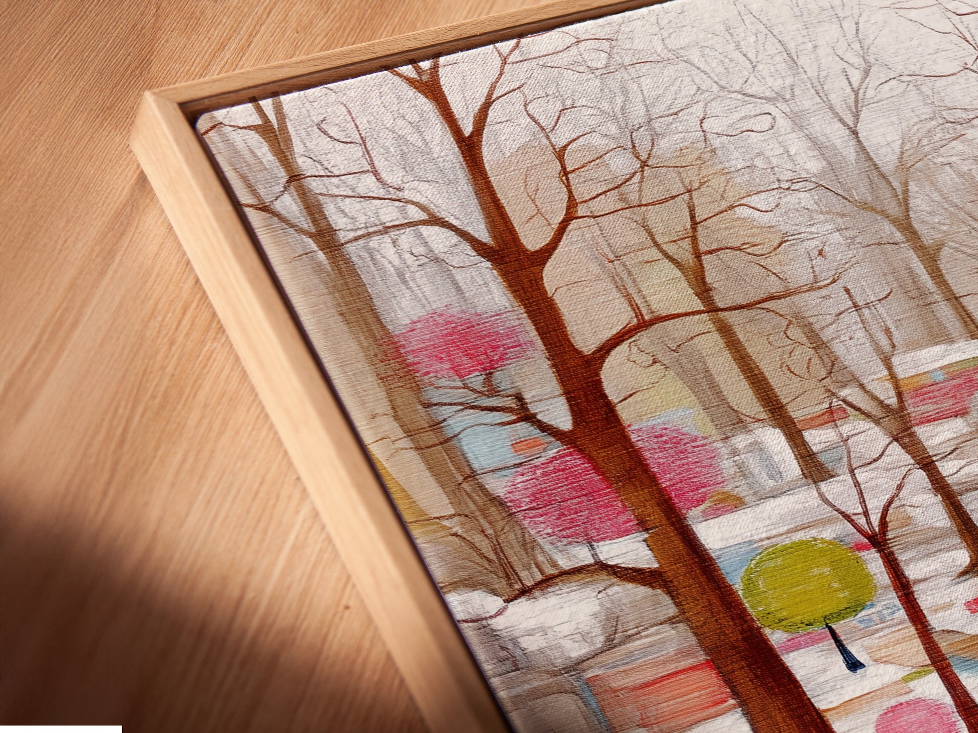 This is a close up of the Winter Garden canvas print. The artwork is in a floating frame. This modern art print is perfect for your home. The fine details are visible in this shot. Order yours today