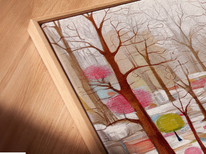 This is a close up of the Winter Garden canvas print. The artwork is in a floating frame. This modern art print is perfect for your home. The fine details are visible in this shot. Order yours today