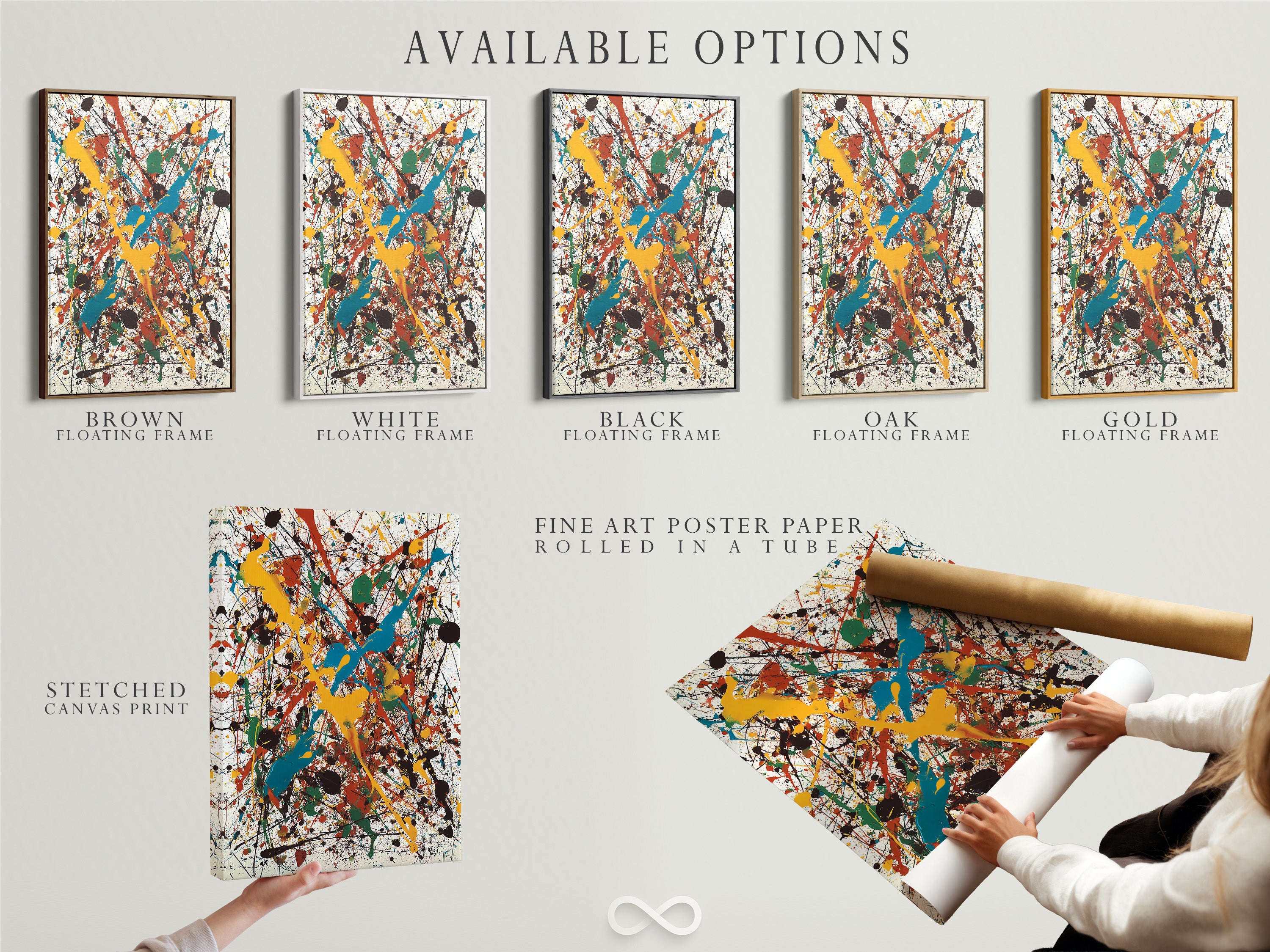 This image shows available options for art prints. Choose from a stretched canvas print fine art poster paper or a floating frame. Customize your artwork to match your personal style. Explore all the possibilities today.