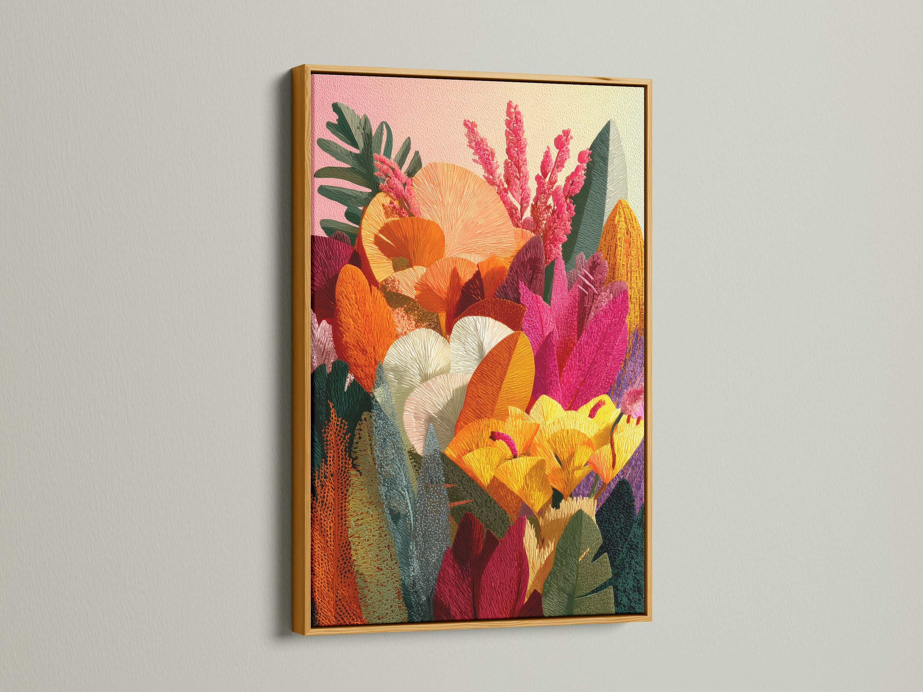 A beautiful floral artwork is featured in a gold frame. The gold frame adds a touch of luxury and elegance to the artwork. The artwork features a bright color palette. This framed piece can elevate the look of any room. It is a stylish addition.