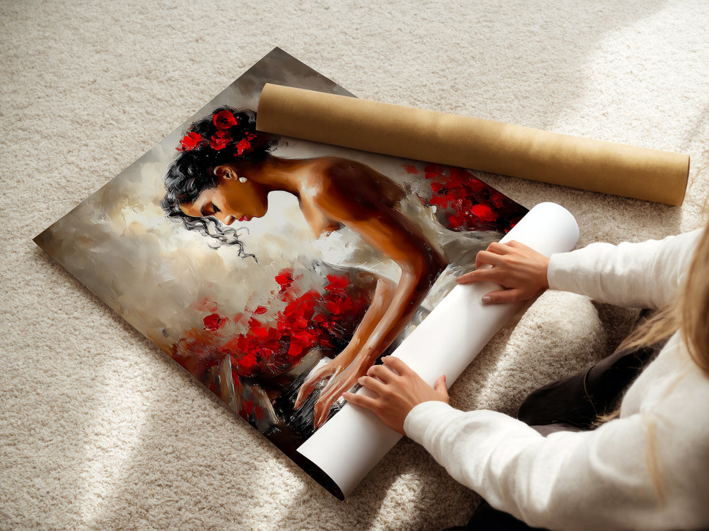 A woman is carefully rolling a fine art poster paper. She handles the delicate paper with care. This ensures the artwork remains pristine. The poster paper is high-quality. This protects the artwork's integrity. She prepares it for framing.