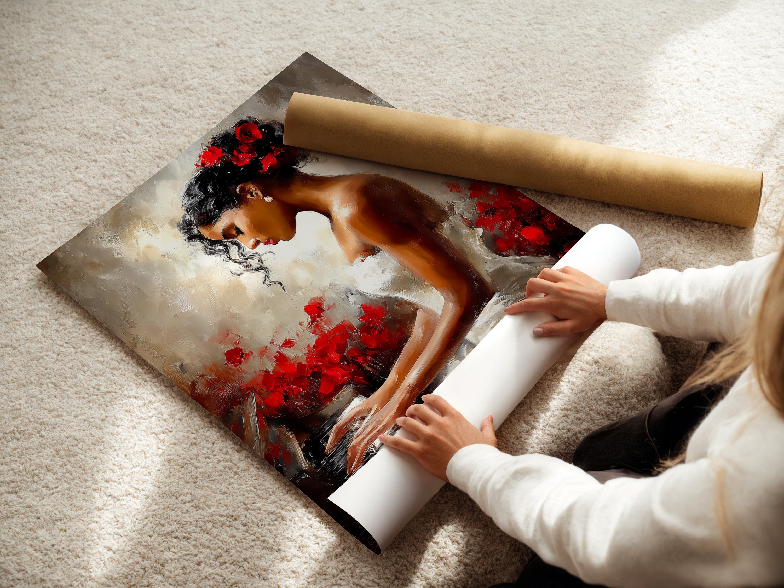 A woman is carefully rolling a fine art poster paper. She handles the delicate paper with care. This ensures the artwork remains pristine. The poster paper is high-quality. This protects the artwork's integrity. She prepares it for framing.