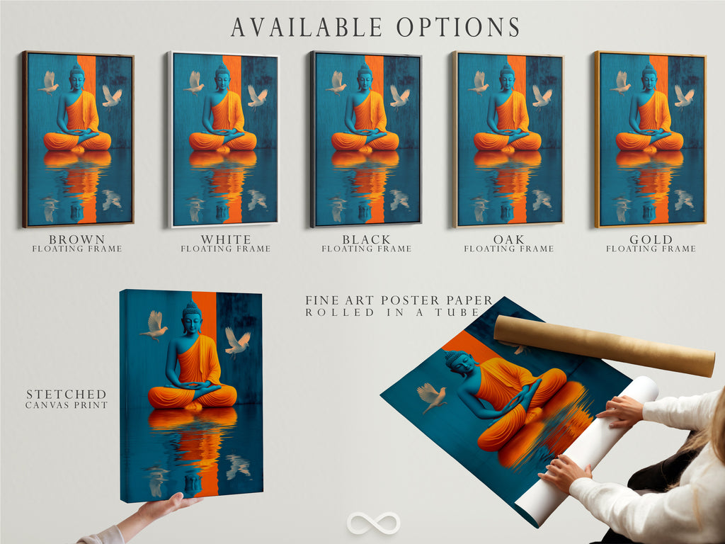 Explore our available options for Buddha artwork. Choose from stretched canvas prints fine art poster paper or floating frames. Customize your spiritual zen decor to fit your style. Create a peaceful atmosphere with our teal and gold art. Find the perfect option for your space.