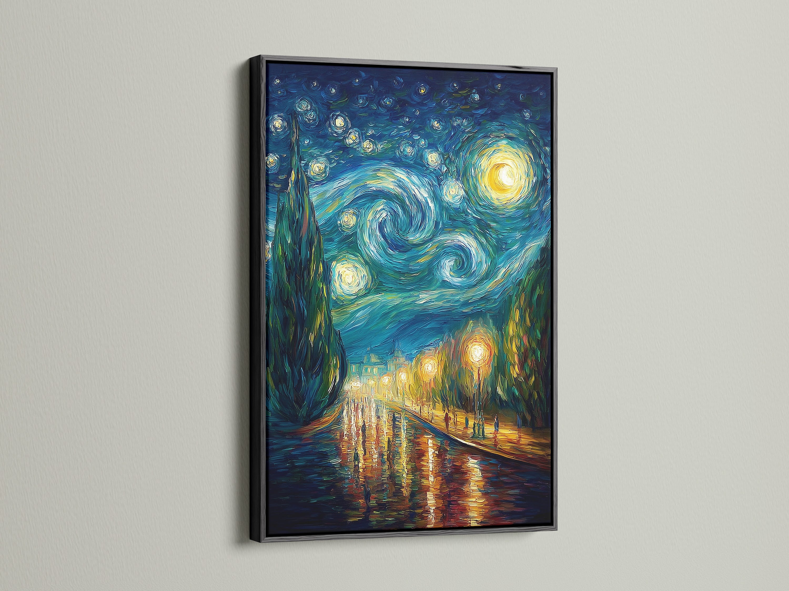 This artwork features a sleek black frame. Black frames offer a bold and sophisticated aesthetic. Perfect for making a statement in your home. The artwork is timeless and elegant. A black frame elevates any art.