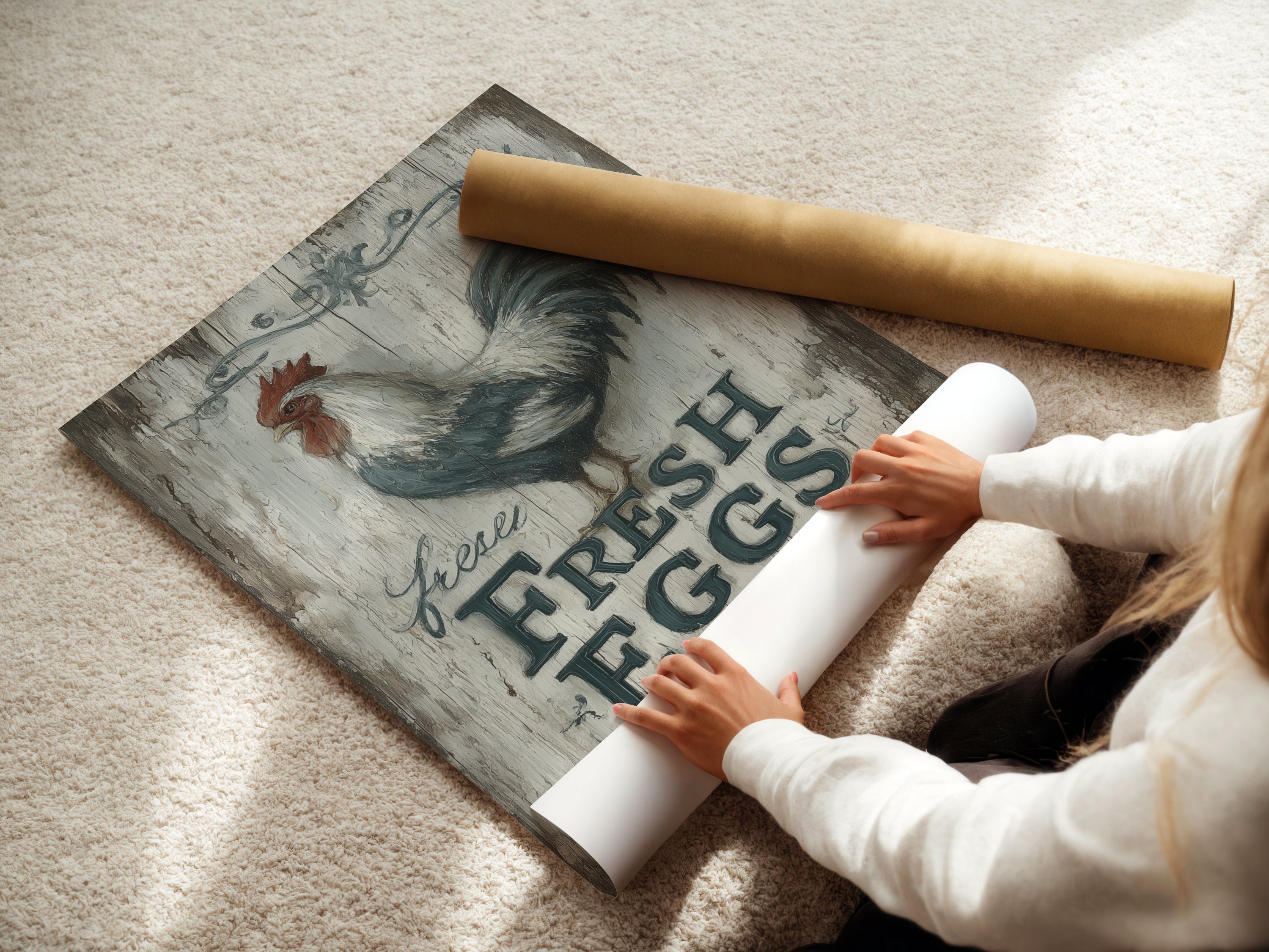 A woman is carefully rolling a fine art poster paper. This rooster artwork is perfect for farmhouse kitchens. The Fresh Eggs Daily sign adds rustic charm. High-quality poster paper ensures a beautiful and durable print. Get yours today.