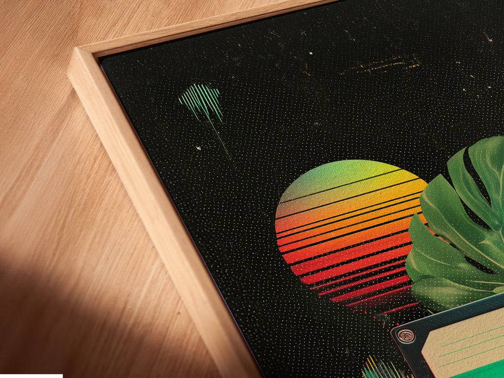 Here's an angled close-up of a canvas print in a floating frame. The art print features vibrant colors and a unique cassette tape design. The floating frame adds depth to the artwork. Discover the beauty of canvas prints in floating frames.