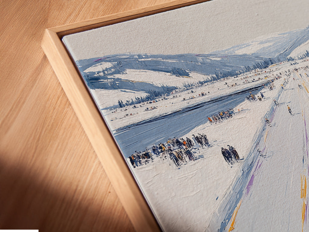 A close-up angled view shows the Winter Cityscape canvas print in a floating frame. The impressionist artwork creates a modern look. Perfect for minimalist Scandinavian coastal or industrial spaces. Elevate your office or home decor with this stylish piece.