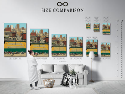 A size comparison chart shows the Urban Tennis Court artwork in an interior. The chart helps visualize the artwork's dimensions. This city sports print fits various spaces. The retro athletic art enhances room aesthetics. Check your space.