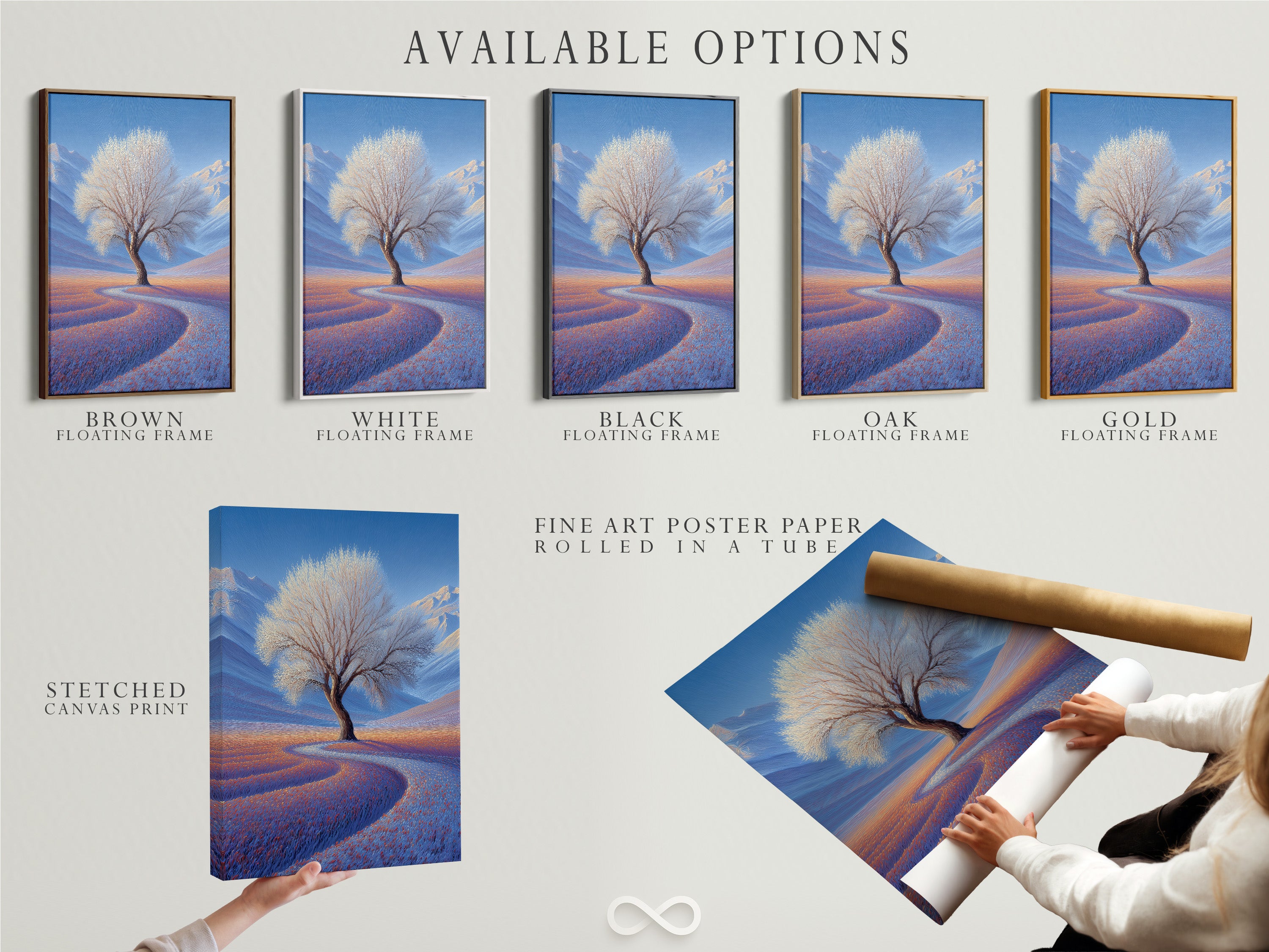 Explore our available options. Choose from stretched canvas prints. We also offer fine art poster paper. Floating frames are available to complete your art. Customize your art to fit your style.