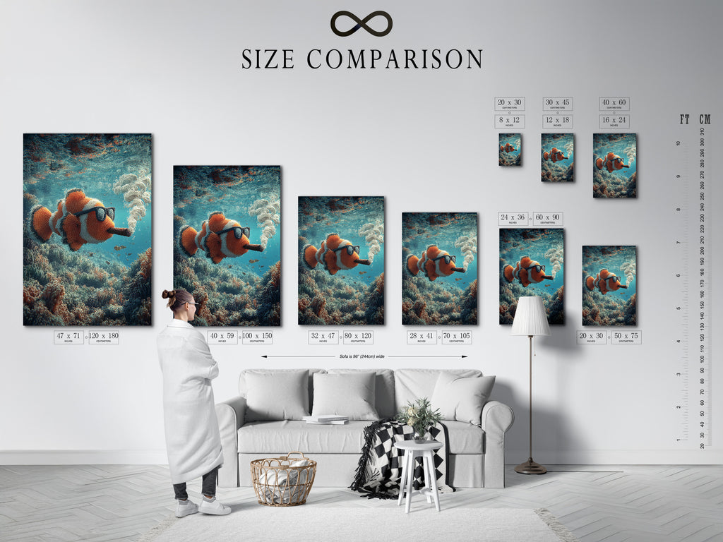 Size comparison chart in an interior setting. The chart displays the clownfish art piece in various sizes. The art shows the clownfish smoking a cigar underwater. Visualize the art in your space. Find the perfect fit for your home decor. This chart helps in the selection process