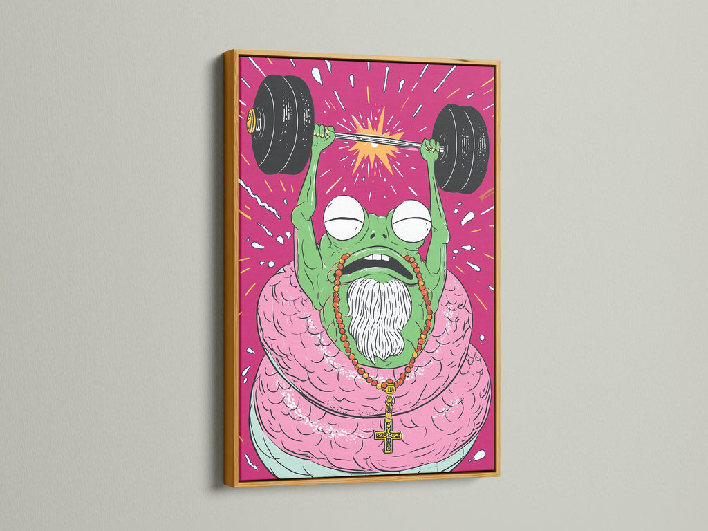 Fitness Frog weightlifting artwork in a gold frame. This quirky motivational poster adds flair. Enhance your home gym decor with fitness wall art. This gold frame will make the colors pop.