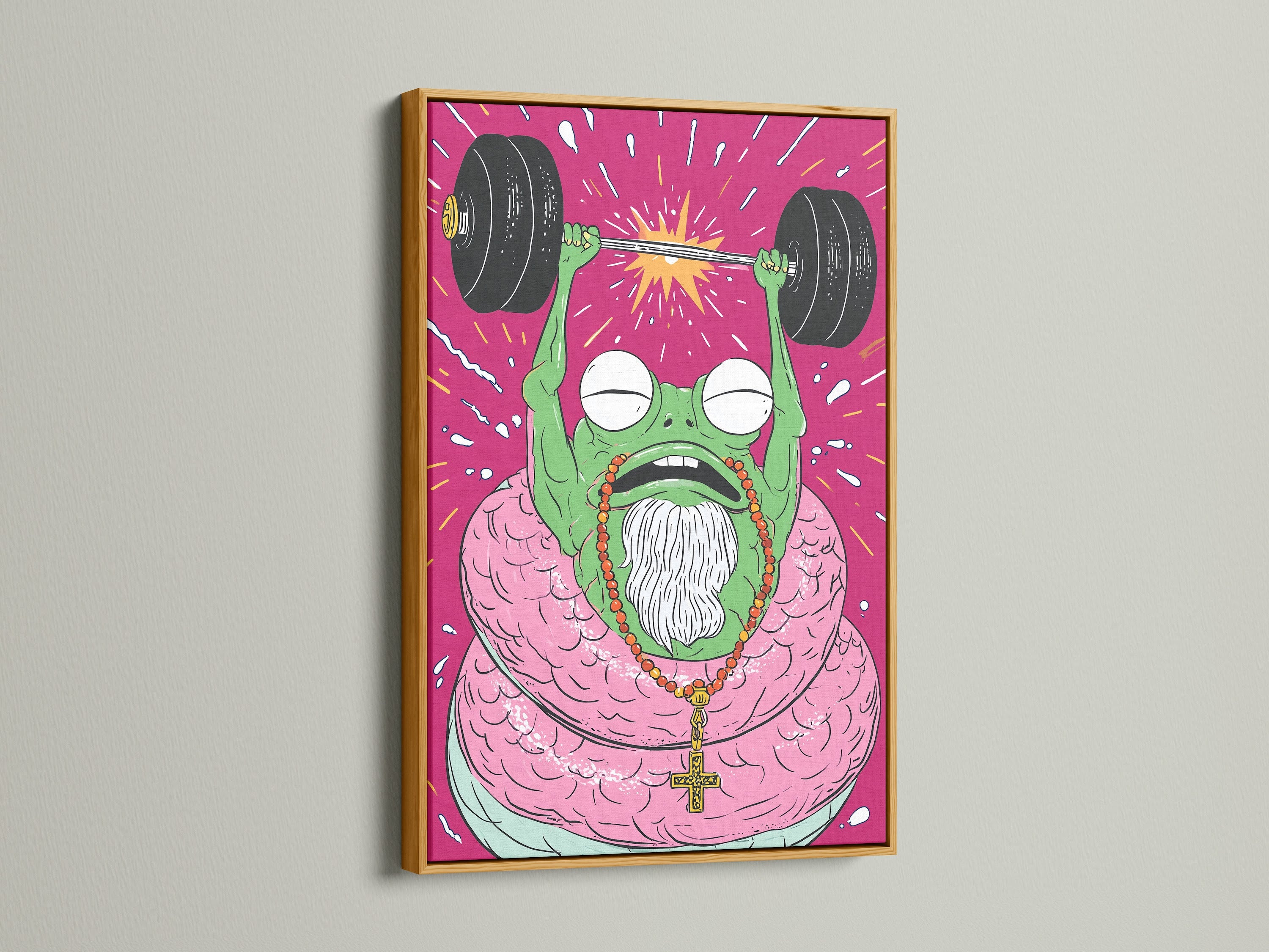 Fitness Frog weightlifting artwork in a gold frame. This quirky motivational poster adds flair. Enhance your home gym decor with fitness wall art. This gold frame will make the colors pop.