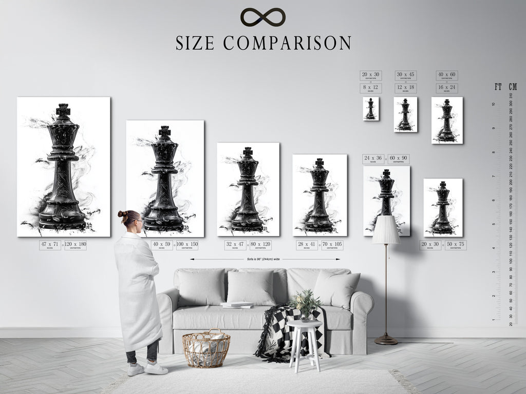 A size comparison chart displayed in an interior setting. The chart helps visualize different print sizes. It allows you to choose the perfect dimensions for your space. Find the ideal size for your artwork. Ensure a perfect fit for your walls with our size chart.