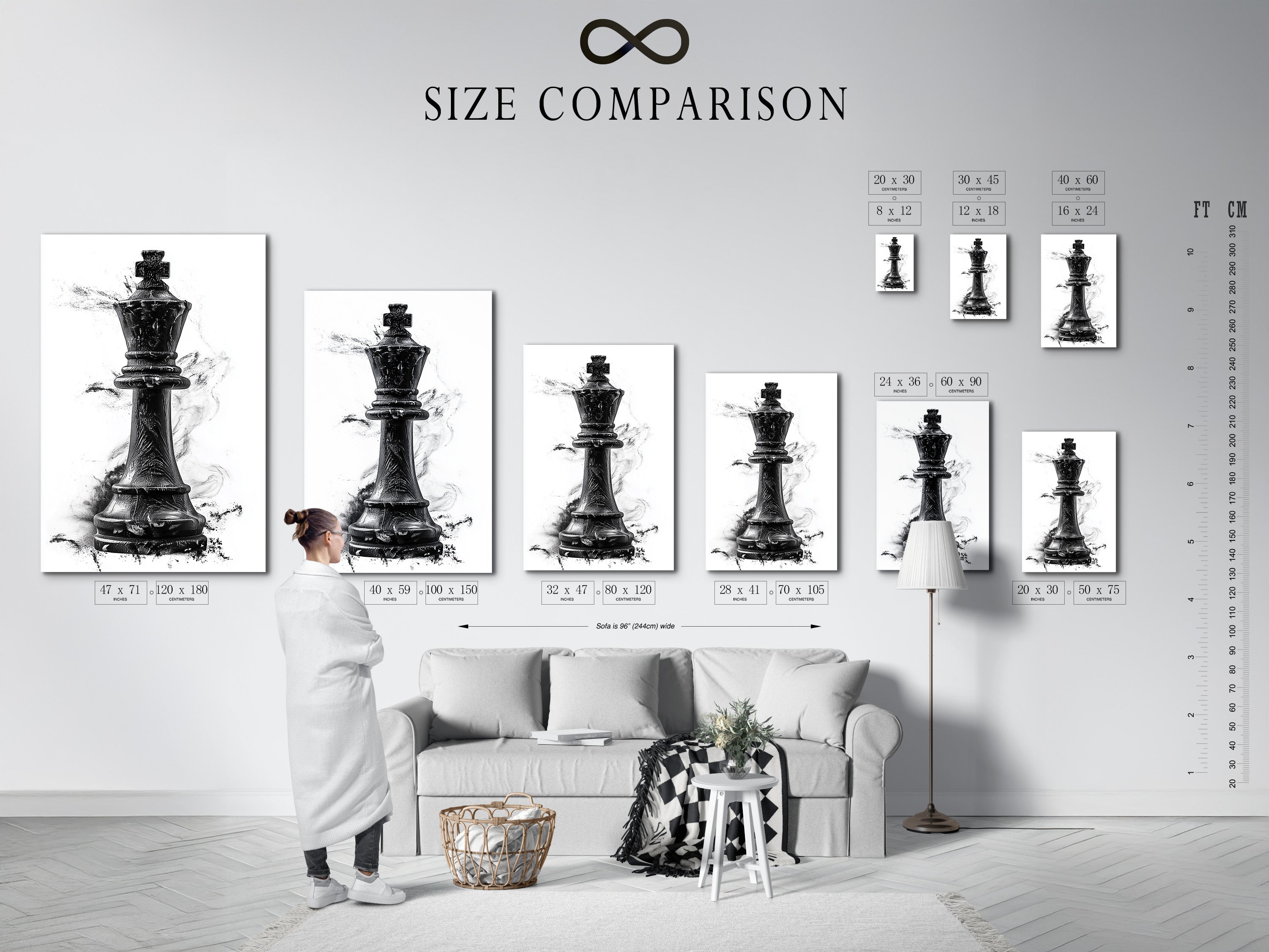 A size comparison chart displayed in an interior setting. The chart helps visualize different print sizes. It allows you to choose the perfect dimensions for your space. Find the ideal size for your artwork. Ensure a perfect fit for your walls with our size chart.