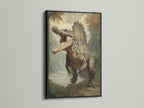 Dinosaur artwork in a black frame. The artwork features a large dinosaur roaring in a prehistoric landscape. The black frame adds a bold dramatic touch. This artwork creates a focal point in any room. A striking addition to your art collection.
