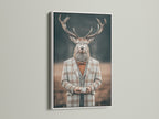 Gentleman Deer art print showcased in a white frame. This vintage animal portrait adds a touch of elegance to any wall. The quirky office decor brings life to your workspace. The anthropomorphic art style is both unique and captivating. It is perfect for homeowners seeking rustic charm.