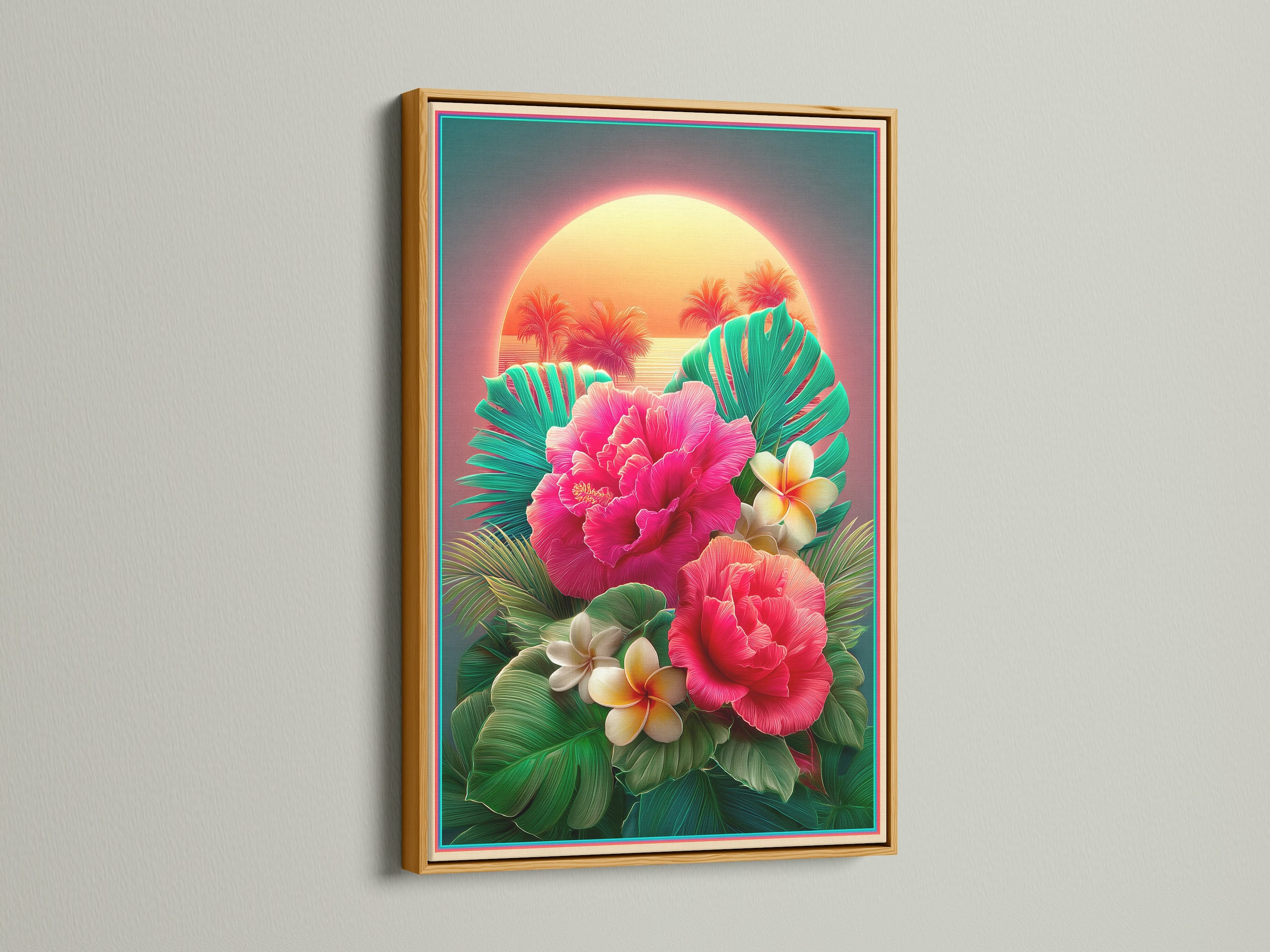 Artwork featuring tropical flowers is presented in a luxurious gold frame. The gold frame adds a touch of opulence. The design emphasizes the lush pink hibiscus and plumeria. Explore our range of gold frames. Elevate your space with our artwork.