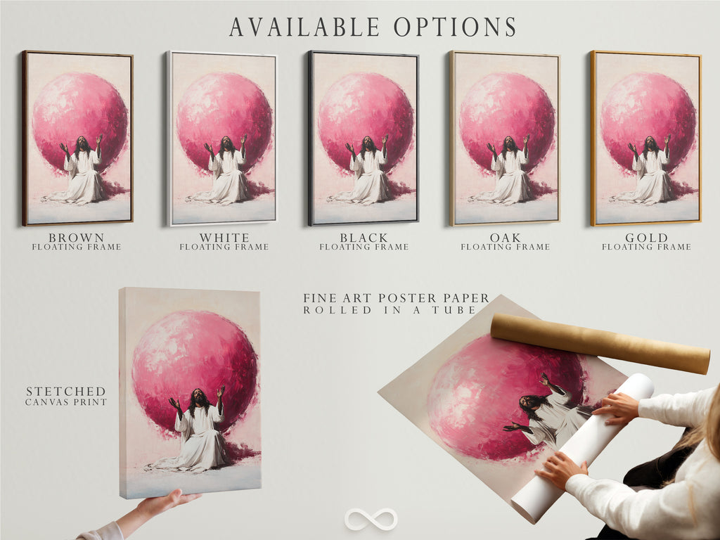 Available options displayed. Choose from a stretched canvas print. Also available is fine art poster paper and floating frame. Select the perfect option for your artwork. Explore our range of styles and finishes.