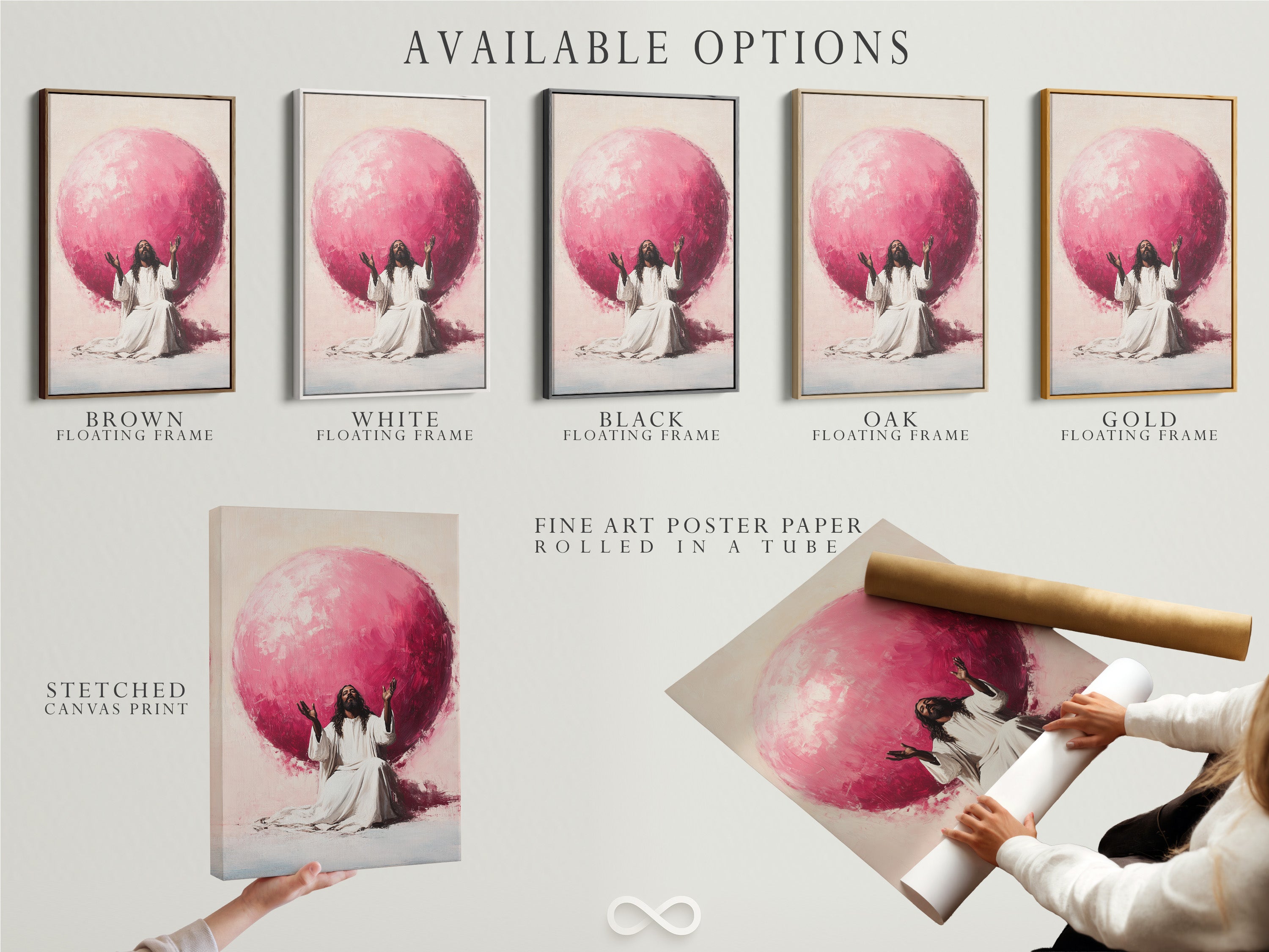 Available options displayed. Choose from a stretched canvas print. Also available is fine art poster paper and floating frame. Select the perfect option for your artwork. Explore our range of styles and finishes.