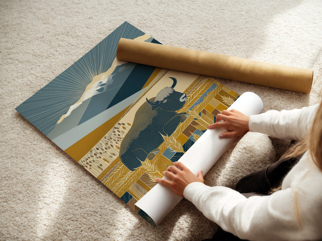 Impresión artística de pradera de búfalos: lienzo con paisaje del oeste, decoración de pared del suroeste para sala de estar, impresión de vida silvestre de bisontes