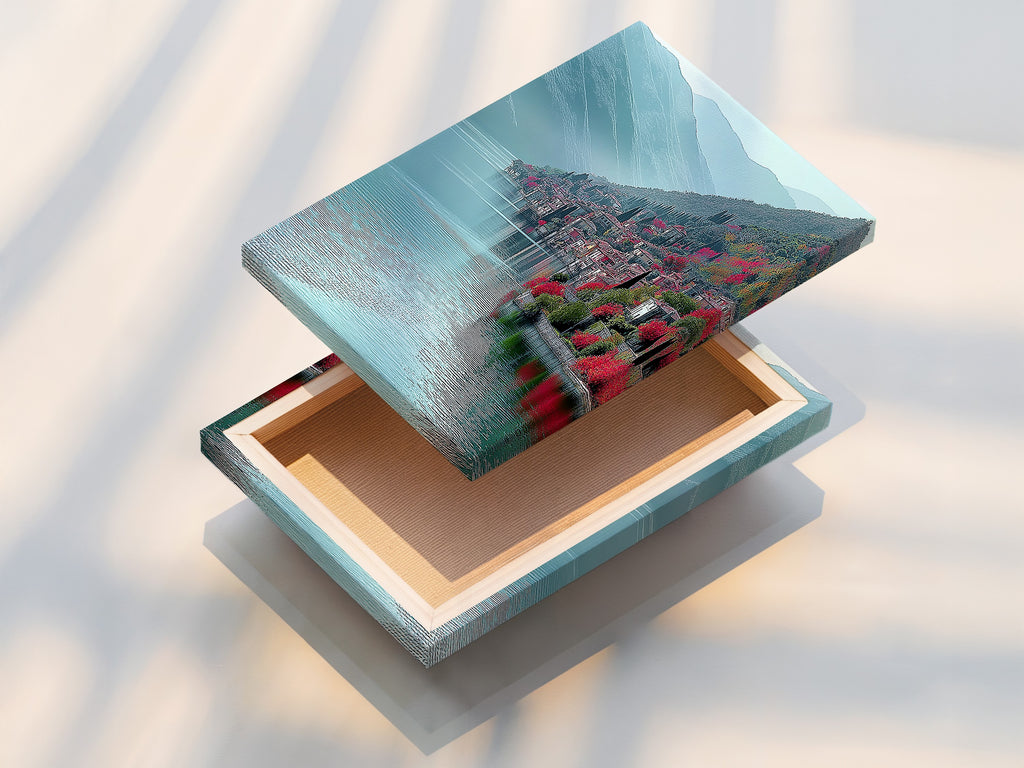 A beautifully stretched canvas print of Lake Como Italy. The canvas texture enhances the teal mountain landscape. Ready to hang this Italian coastal wall art makes decorating easy. Perfect for living rooms or offices. The lake view print adds a touch of elegance. This scenic vista art is a must-have.