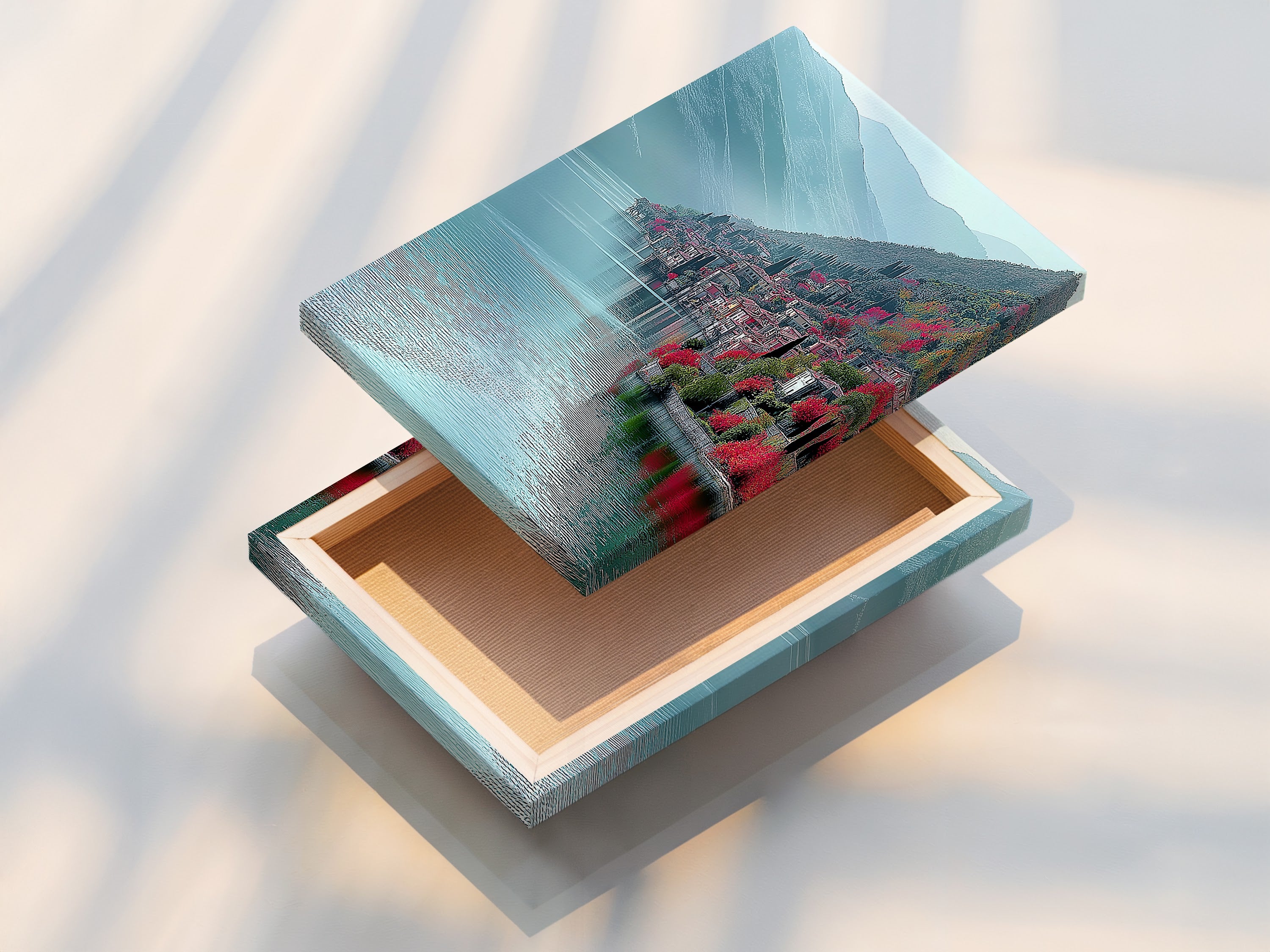 A beautifully stretched canvas print of Lake Como Italy. The canvas texture enhances the teal mountain landscape. Ready to hang this Italian coastal wall art makes decorating easy. Perfect for living rooms or offices. The lake view print adds a touch of elegance. This scenic vista art is a must-have.