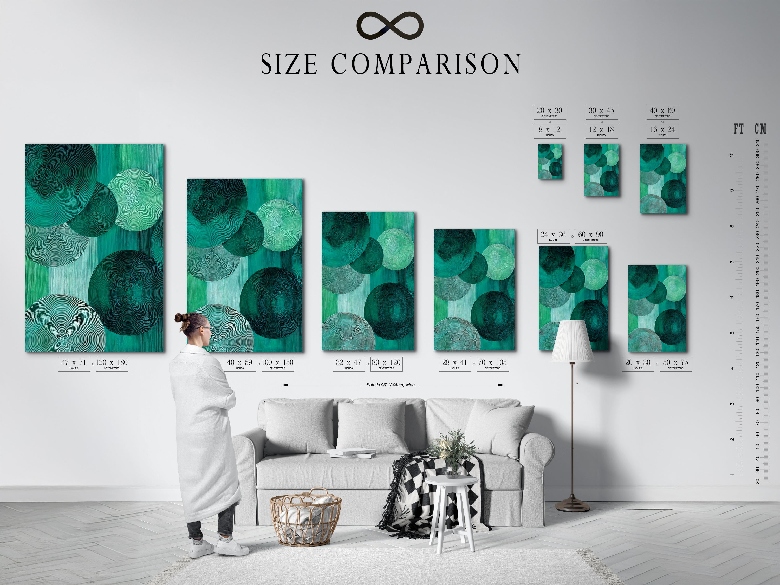 A size comparison chart is shown in an interior setting. Visualize the emerald green abstract art in different sizes. The modern geometric circle canvas print complements various spaces. This artwork enhances bedroom wall decor.