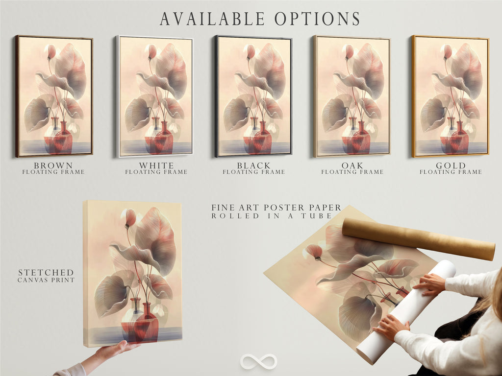 Available options include stretched canvas print fine art poster paper and floating frame. Customize your botanical line art. Select the perfect format for your abstract floral wall art. Enhance your bedroom wall decor with neutral tones. Create minimalist art.