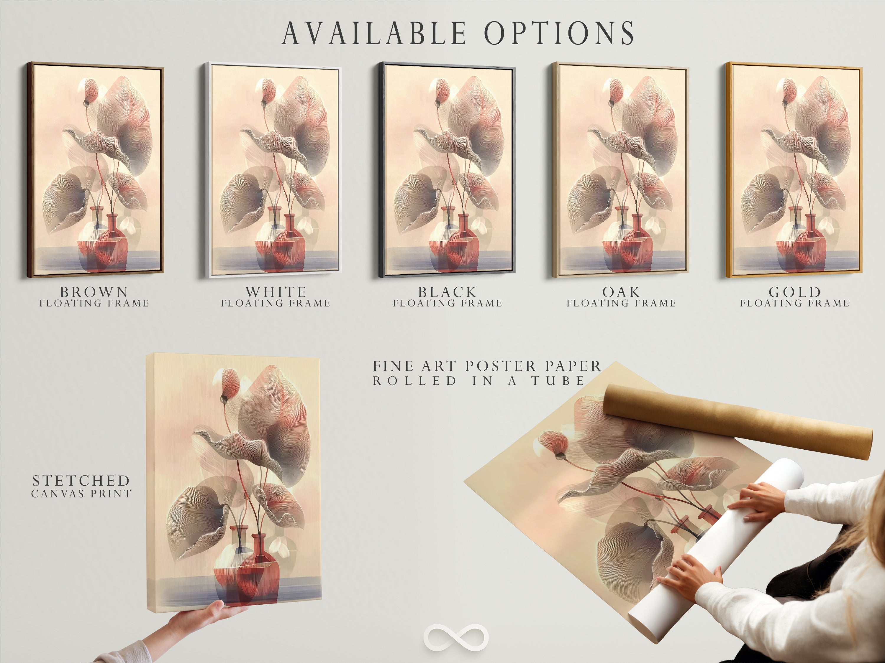 Available options include stretched canvas print fine art poster paper and floating frame. Customize your botanical line art. Select the perfect format for your abstract floral wall art. Enhance your bedroom wall decor with neutral tones. Create minimalist art.
