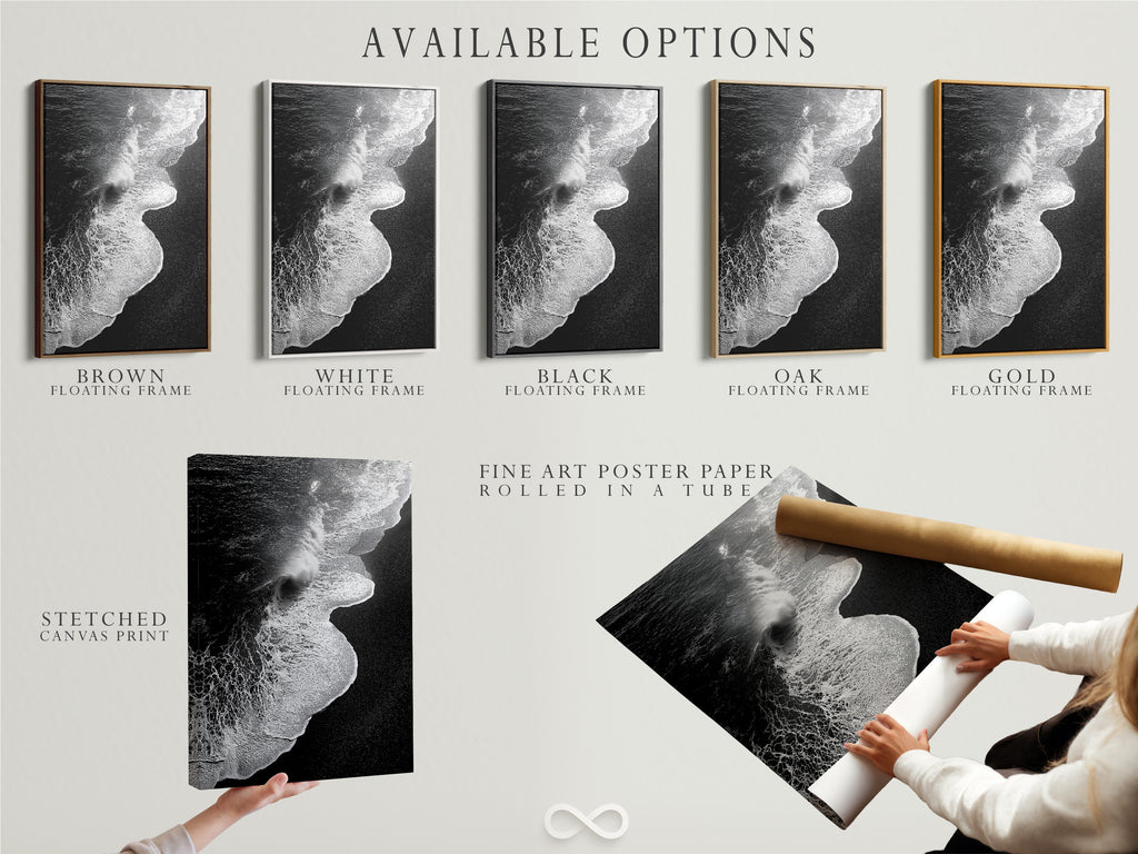 Available options are showcased. Stretched canvas prints fine art poster paper and floating frames. This display highlights the versatility of black and white ocean wave artwork. Perfect for minimalist decor and coastal wall art. Choose the ideal format for your beach canvas print and enhance your space.