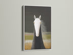 The white frame enhances the horse portrait canvas print. This minimalist print brings modern farmhouse art to any space. Perfect for entryway decor or stable art. This black and white animal portrait will elevate your home.