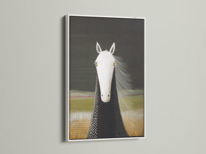 The white frame enhances the horse portrait canvas print. This minimalist print brings modern farmhouse art to any space. Perfect for entryway decor or stable art. This black and white animal portrait will elevate your home.