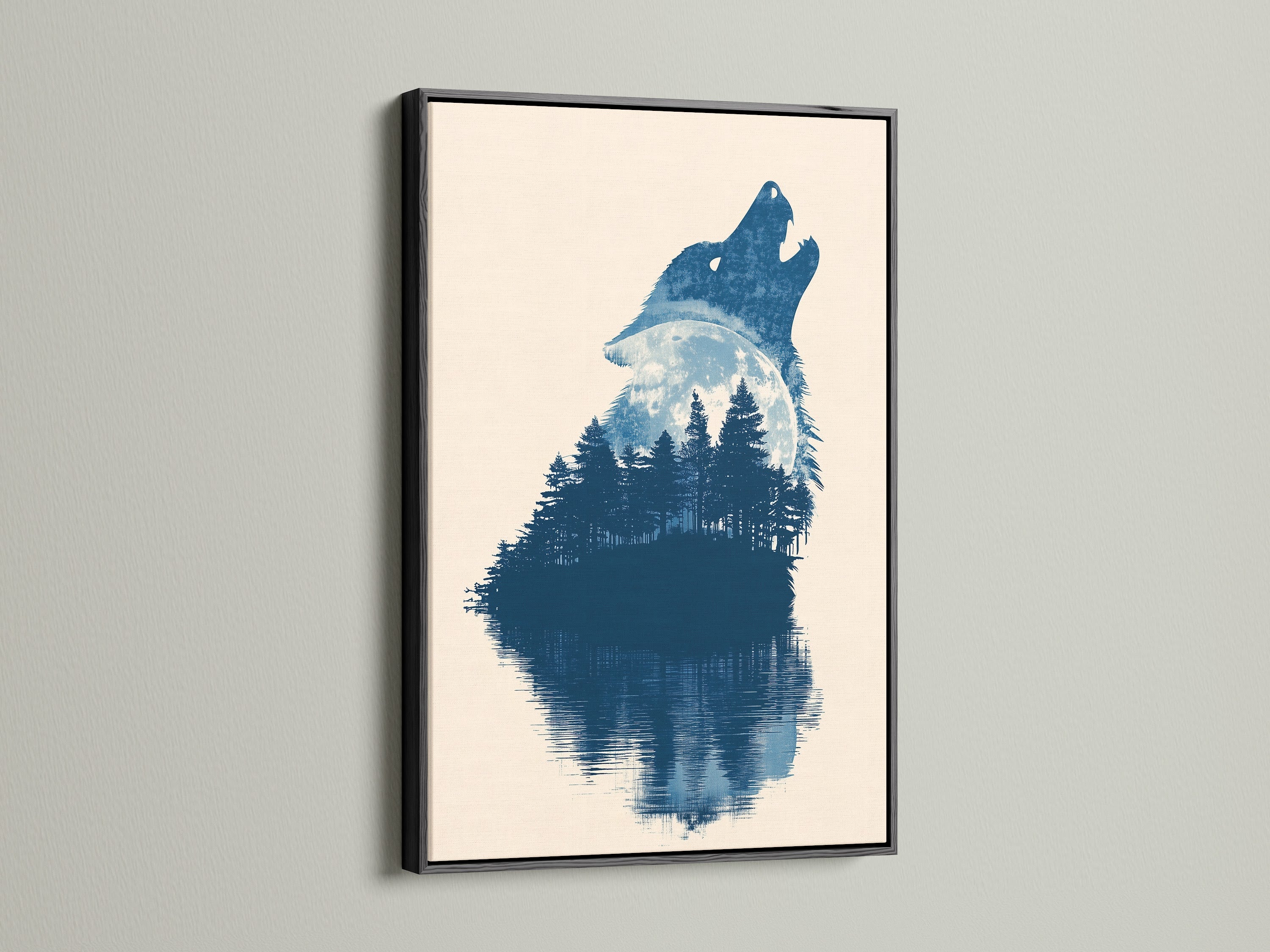 The wolf artwork is displayed in a bold black frame. This frame creates a dramatic contrast. It adds depth and visual interest. Perfect for making a statement. Elevate your decor with this striking framed art. The black frame accentuates the artwork's details. It brings a touch of modern sophistication to any room.