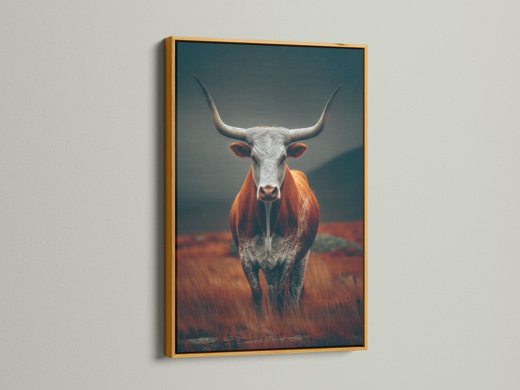 A gold frame adds a touch of elegance to this rustic Highland Cow artwork. The metallic finish complements the warm tones in the artwork. It creates a luxurious feel. This Scottish Cow print is perfect for adding a touch of glam to your farmhouse decor