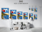 Size comparison chart displayed in a home interior. This provides a visual guide for selecting the right artwork dimensions. It helps customers visualize art in their living space. Choose the perfect size to enhance your decor.