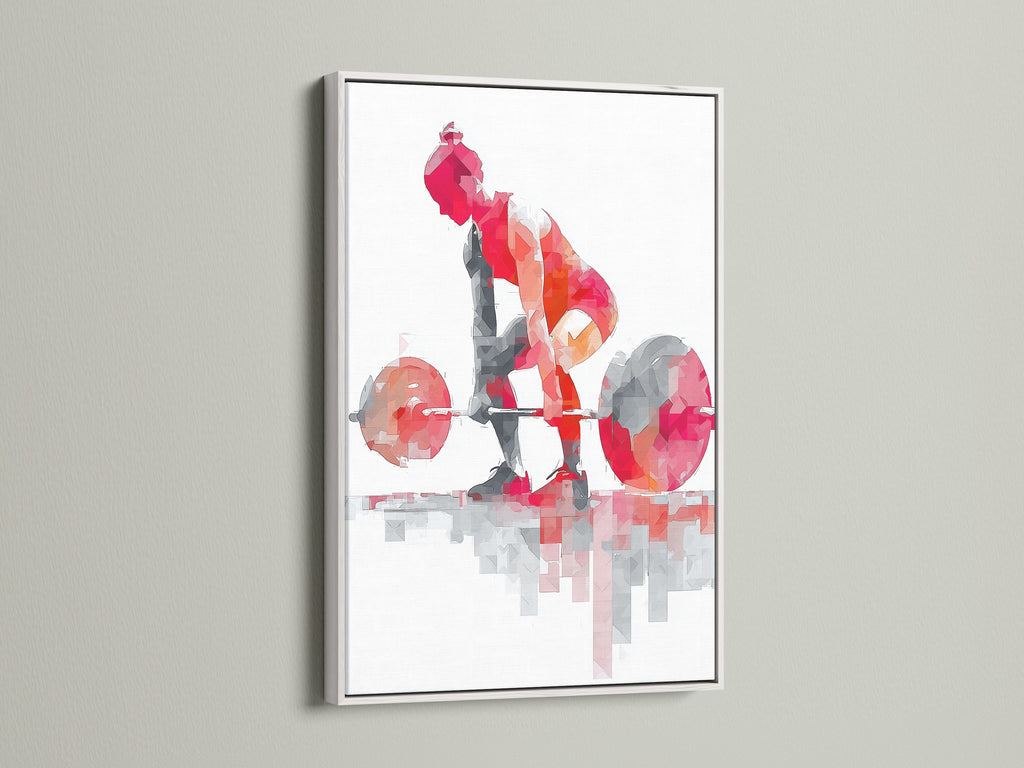 This geometric fitness artwork is in a white frame. The red abstract gym poster adds a modern touch to any workout space. Perfect for home gyms fitness studios and physical therapy centers.