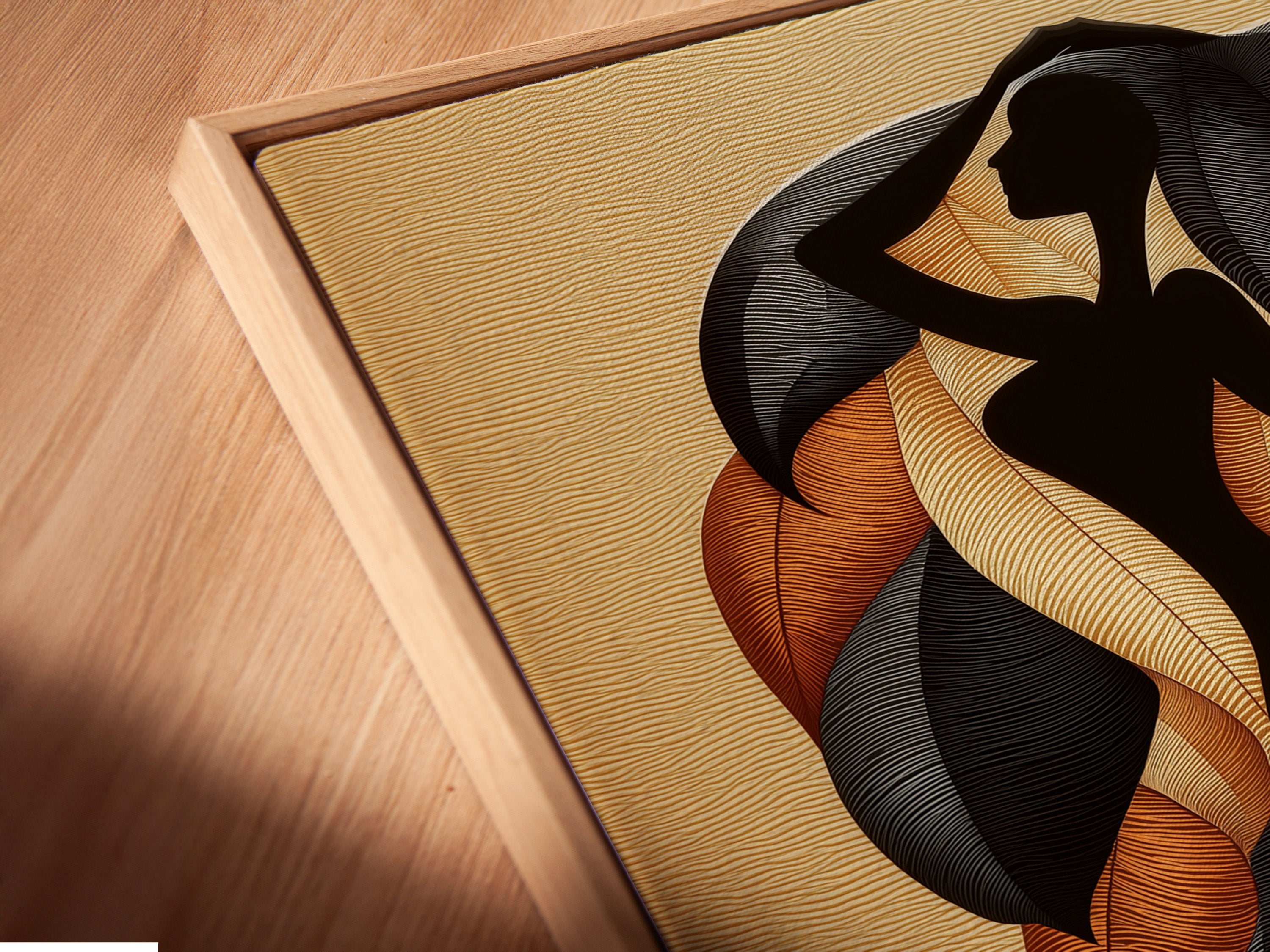 A close-up angled view of a canvas print in a floating frame. The abstract tree art showcases intricate details. The modern botanical decor enhances any space. This leaf art print is ideal for living rooms or offices. The floating frame adds a sophisticated touch. A great choice for contemporary wall decor.