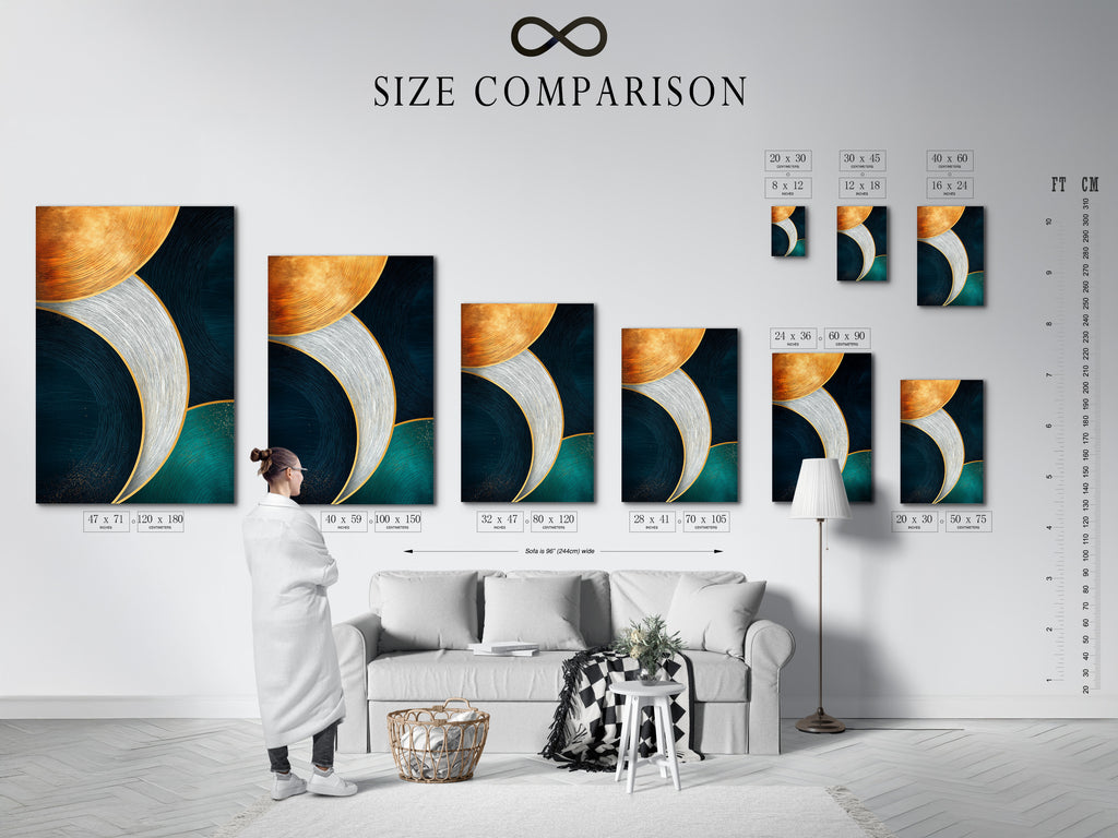 A size comparison chart is displayed in an interior setting. Showcasing various dimensions for abstract geometric artwork. The artwork features teal navy and gold curved lines. Helping homeowners and interior designers visualize the perfect fit for their modern wall art needs.
