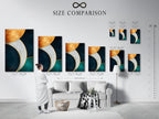 A size comparison chart is displayed in an interior setting. Showcasing various dimensions for abstract geometric artwork. The artwork features teal navy and gold curved lines. Helping homeowners and interior designers visualize the perfect fit for their modern wall art needs.