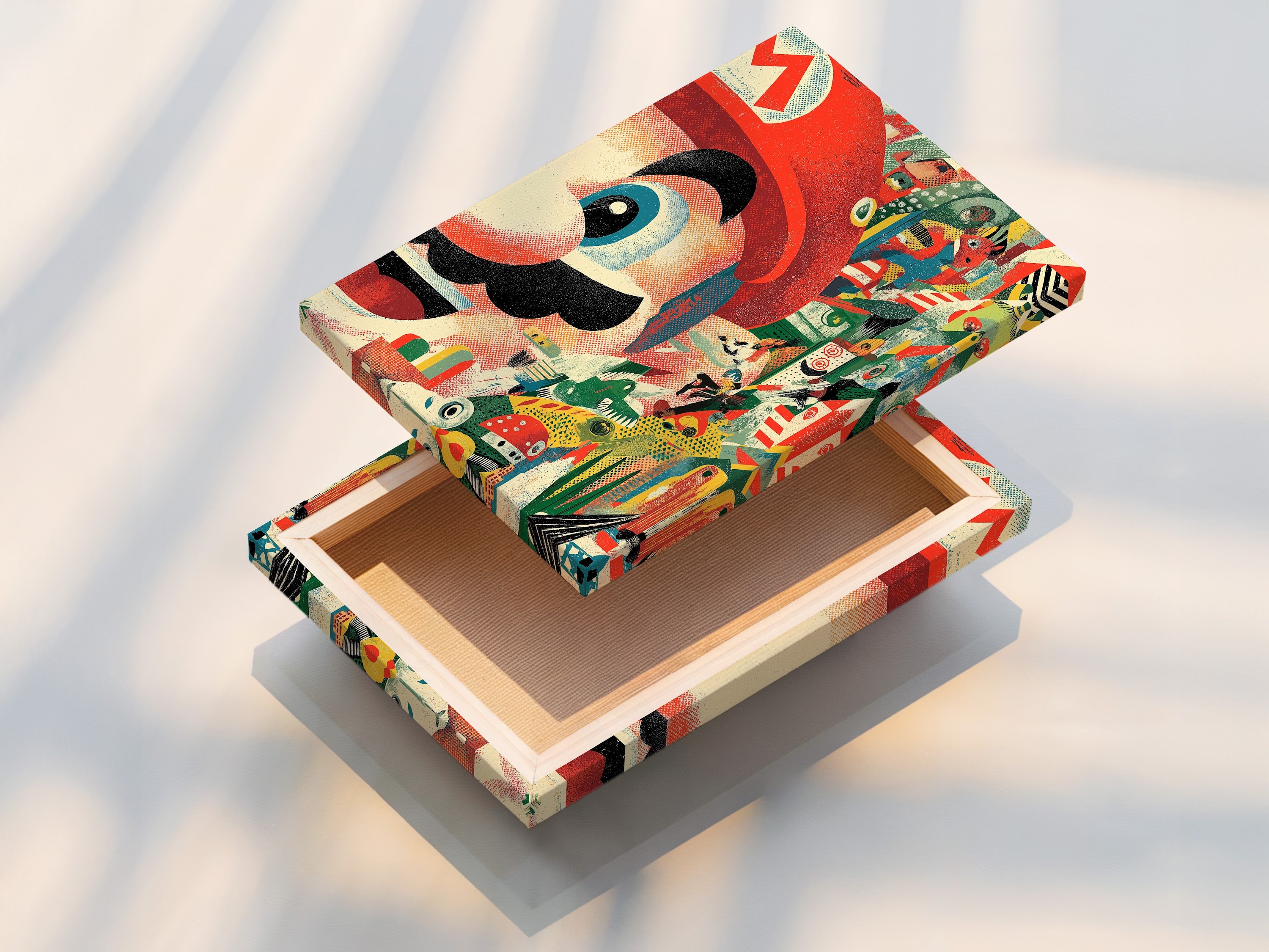 This stretched canvas print is ready to hang. The Mario collage art print is stretched perfectly. This retro gaming wall art adds instant style to your space. Perfect for your game room decor or man cave.