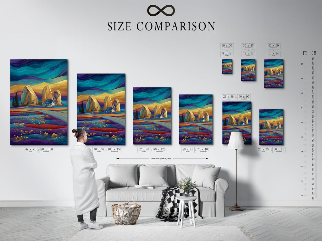 Size comparison chart displayed in an interior setting. Various sizes of coastal landscape artwork are shown. Helping you choose the perfect landscape canvas or seascape print. Perfect for coastal home decor.