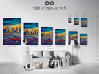 Size comparison chart displayed in an interior setting. Various sizes of coastal landscape artwork are shown. Helping you choose the perfect landscape canvas or seascape print. Perfect for coastal home decor.
