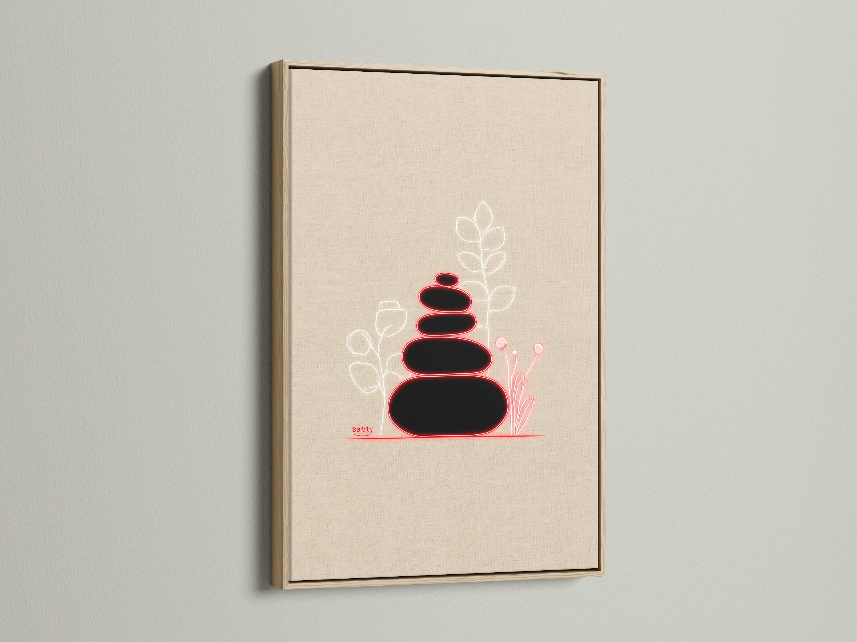 Zen Stones artwork in an oak frame. This beige minimalist wall art brings a spa decor feel to any bathroom. The calming print adds a touch of minimalist art to your space.  Perfect for creating a zen atmosphere.