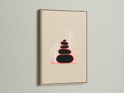 Zen Stones artwork in an oak frame. This beige minimalist wall art brings a spa decor feel to any bathroom. The calming print adds a touch of minimalist art to your space.  Perfect for creating a zen atmosphere.